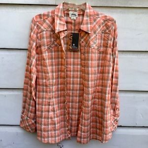 Ariat new fitted plaid western snap shirt L studs